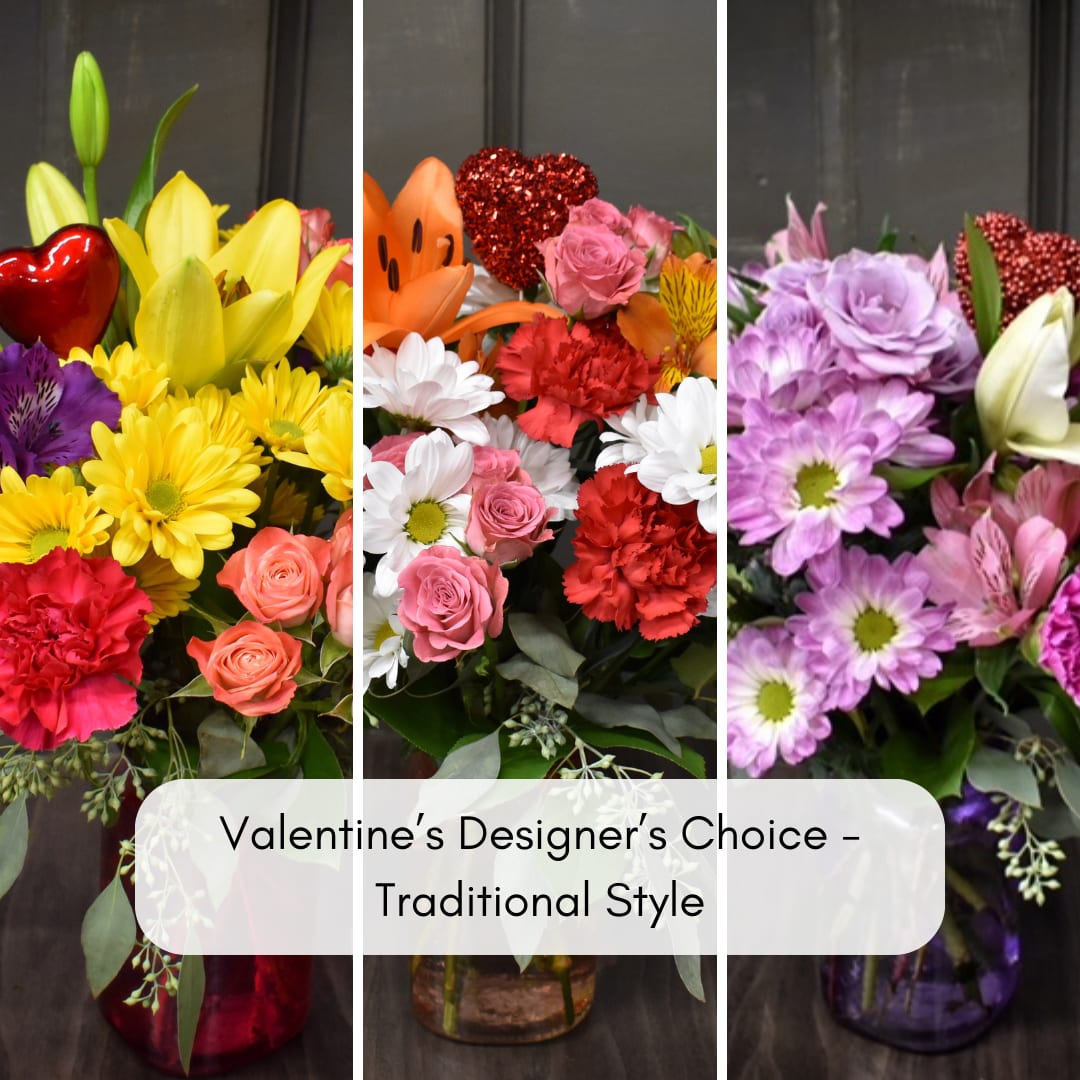 Valentine Designers Choice Traditional Style - Our designers will create a bouquet of fresh cut flowers in Valentine colors in a traditional style.