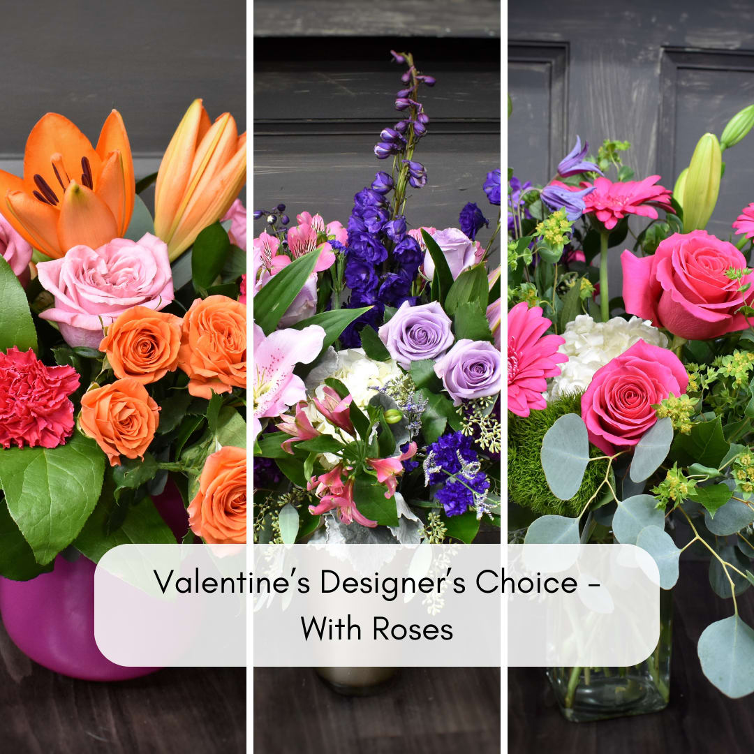  Designer's Choice Bouquet with Roses - We will create a bouquet with an assortment of seasonal flowers and include a couple roses in the mix!