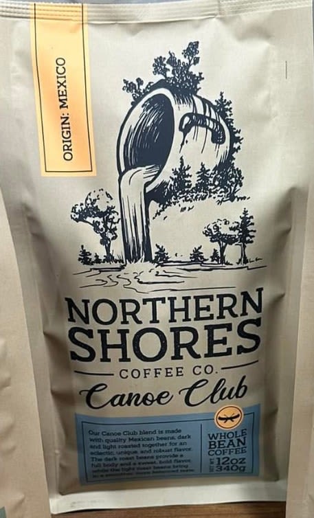 Northern Shores Canoe Club Ground Coffee - Quality Mexican beans, dark and light roasted together for an eclectic, unique, and robust flavor.  Roasted in International Falls, Minnesota.