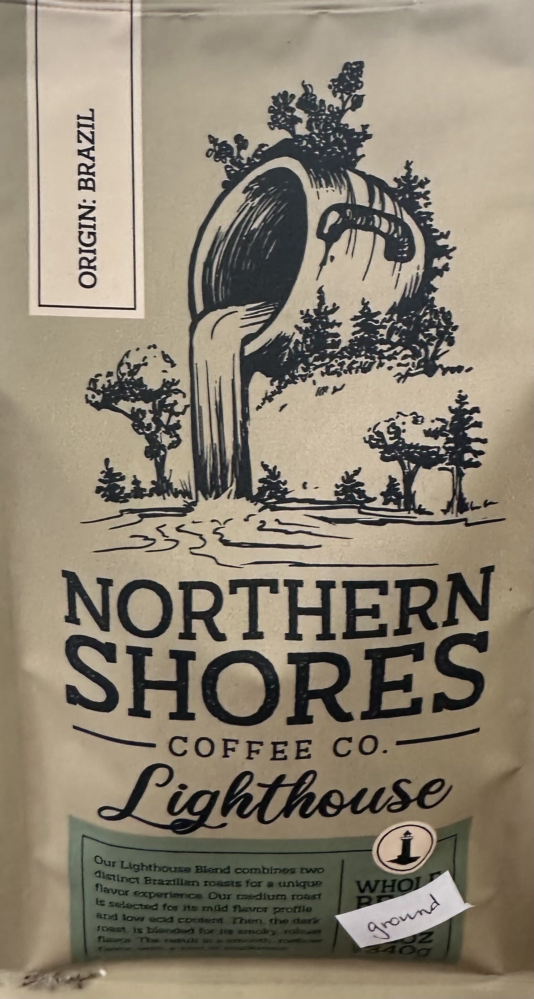 Northern Shores Lighthouse Ground Coffee - Two distinct Brazilian roasts combined for a smooth, low acid flavor.  Roasted in International Falls, Minnesota