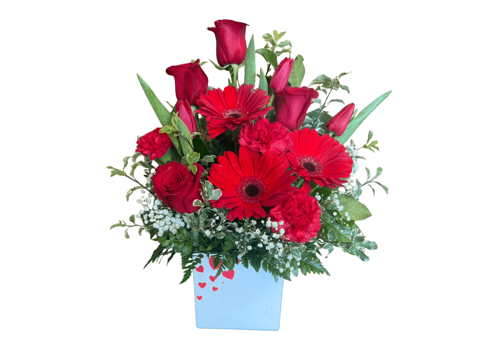 Hearts Delight  - Beautiful arrangement of red Roses, Gerbera daisies, Tulips and carnations! 