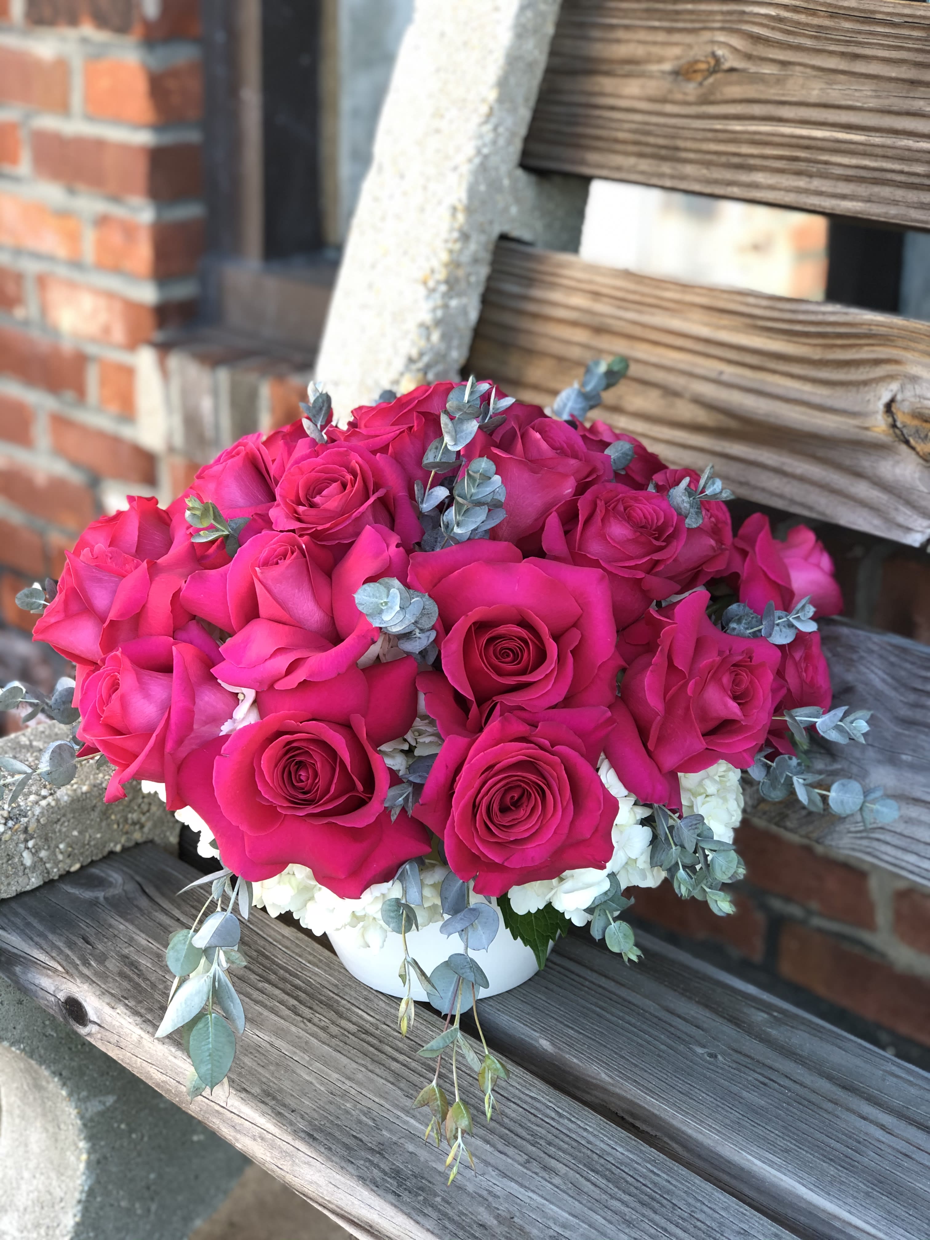Hot And Lovely  - 24 Hot pink Roses, White Hydrangeas in a white pot