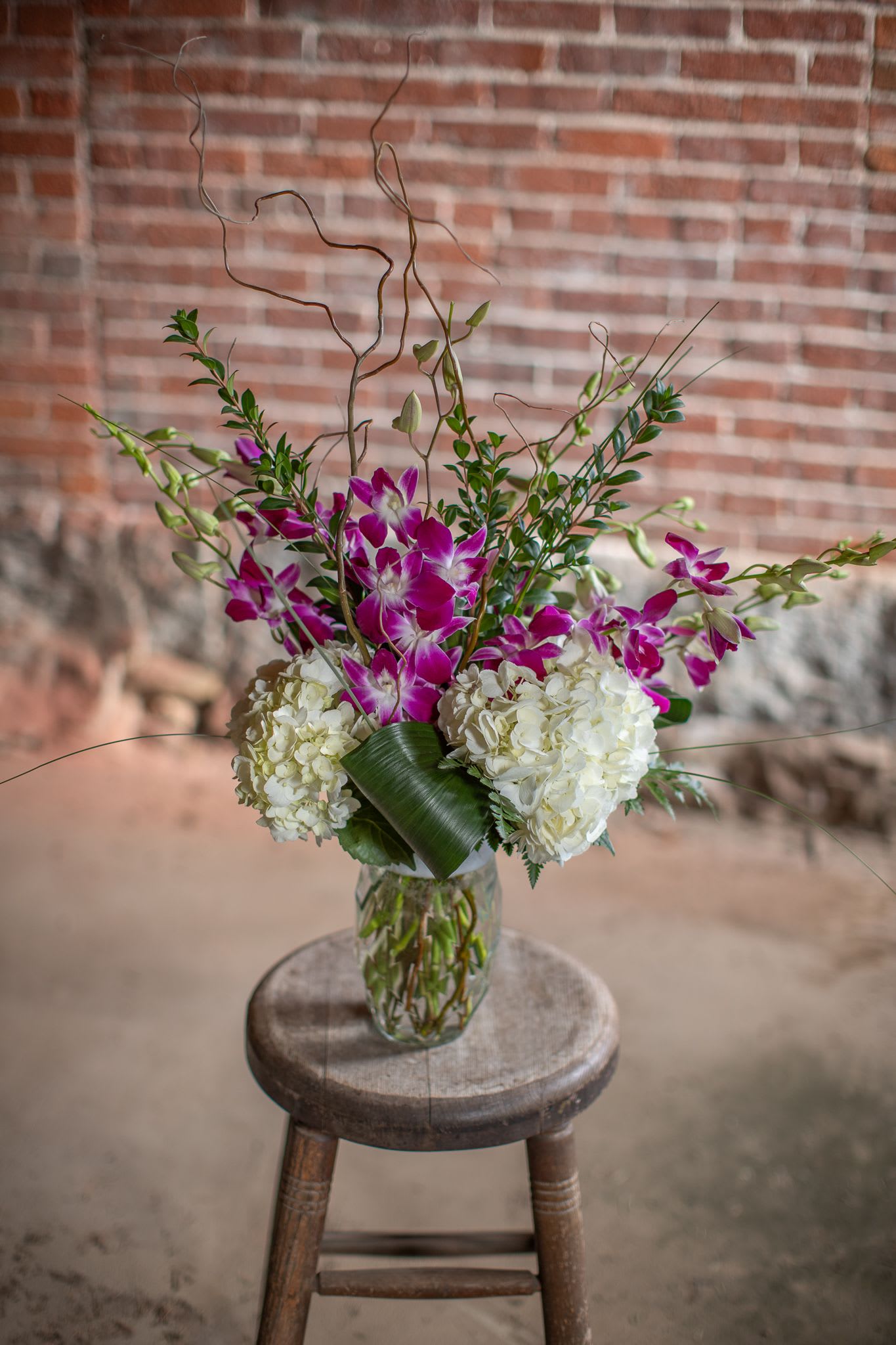 Diamond Dendro Orchids - A brilliant glass vase with marquis diamond pattern over flows with bright and exotic blooms. Lovely purple and white variegated dendrobium orchids and carefully arranged with full and fluffy hydrangea flowers. Sculpted tropical leave complete the look with curly willow and grasses. This design is as unique as your love journey. Special and rare like orchids and diamonds! Original design by Katie.  