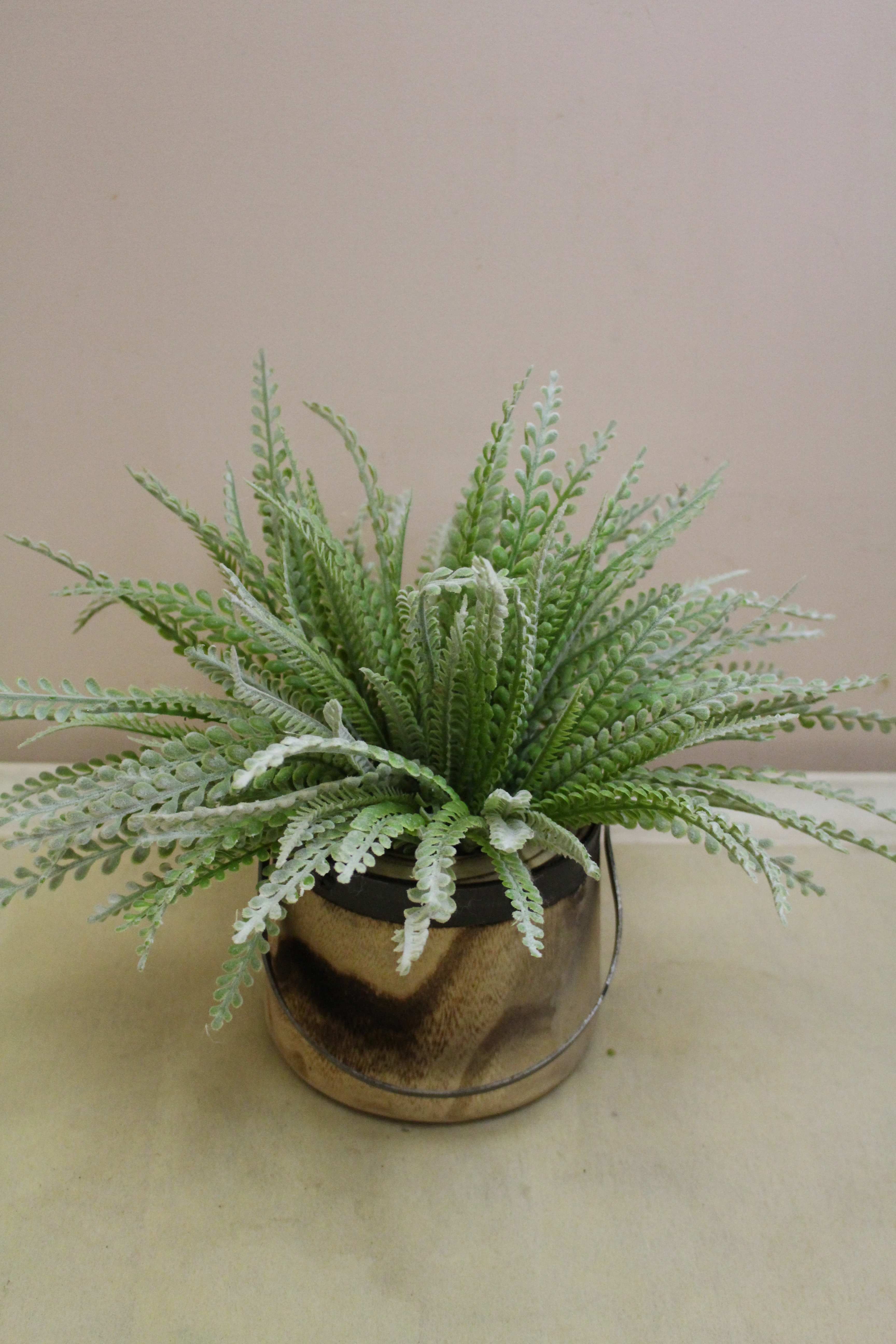 WOOD/STEEL PAIL filled with permanent greenery - Wood / steel pail filled with a sage green greenery  Size of a pail 7.5"D X 11.75"H