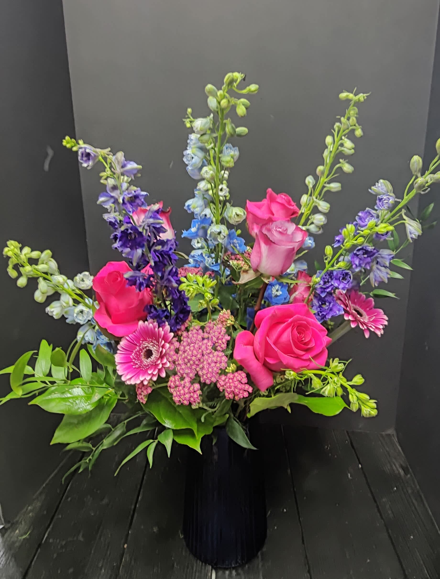 Jewels  - A great jewel tone combination of flowers all in a colbalt blue vase!