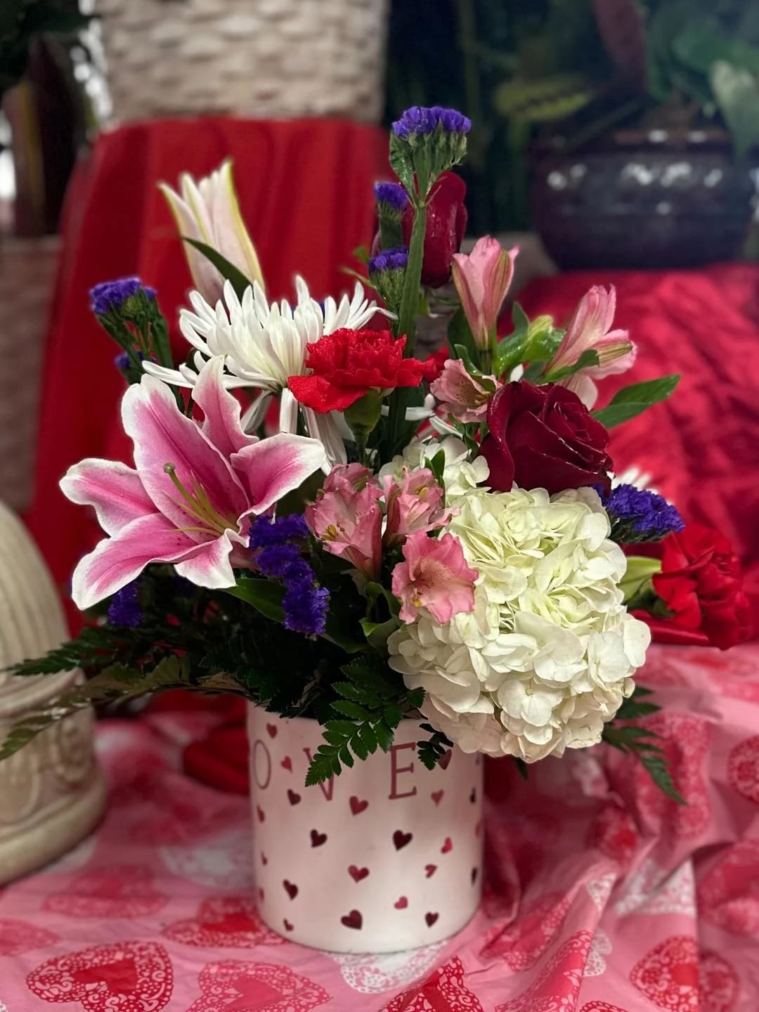 Hearts of Love - Beautifully decorated cylinder vase with mixed flowers for your special Valentine.   