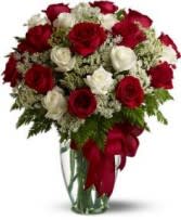 Two Dozen Red and White roses - Love is divine with this beautiful display of two dozen roses of red and white. 24 Roses $225.00