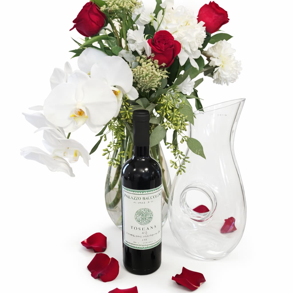 Tuscan Love Bouquet - Made in a keepsake wine decanter handmade from Poland with a bottle of Toscana Cabernet Sauvignon from Italy. We need 24 Hour notice or may have to make true value substitutions on flowers.