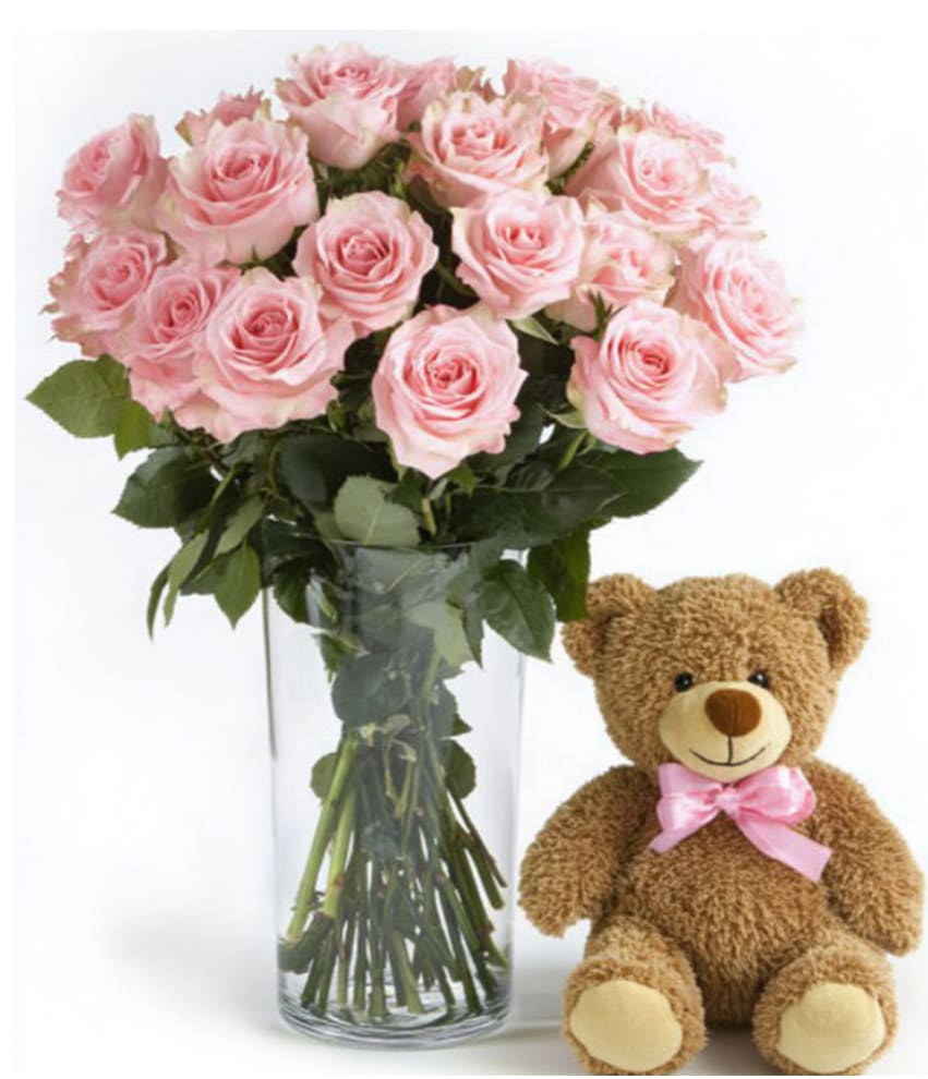 Cuddly Combinations - Dozen of pink Roses with Teddy Bear