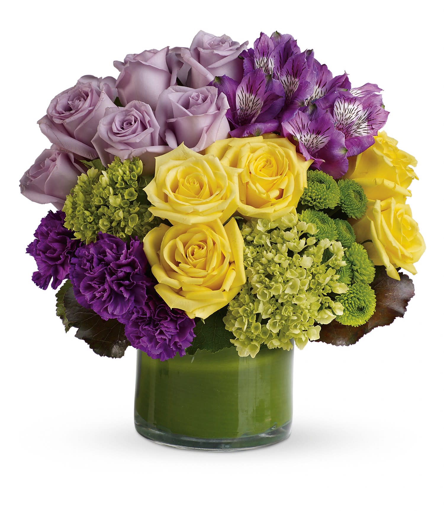 Simply Splendid Bouquet - This chic arrangement includes miniature green hydrangea, lavender and yellow roses, purple alstroemeria, dark purple carnations, green button spray chrysanthemums, galax leaves and a ti leaf. Delivered in a clear glass vase. Approximately 12" W x 12 1/2" H    TEV42-2A