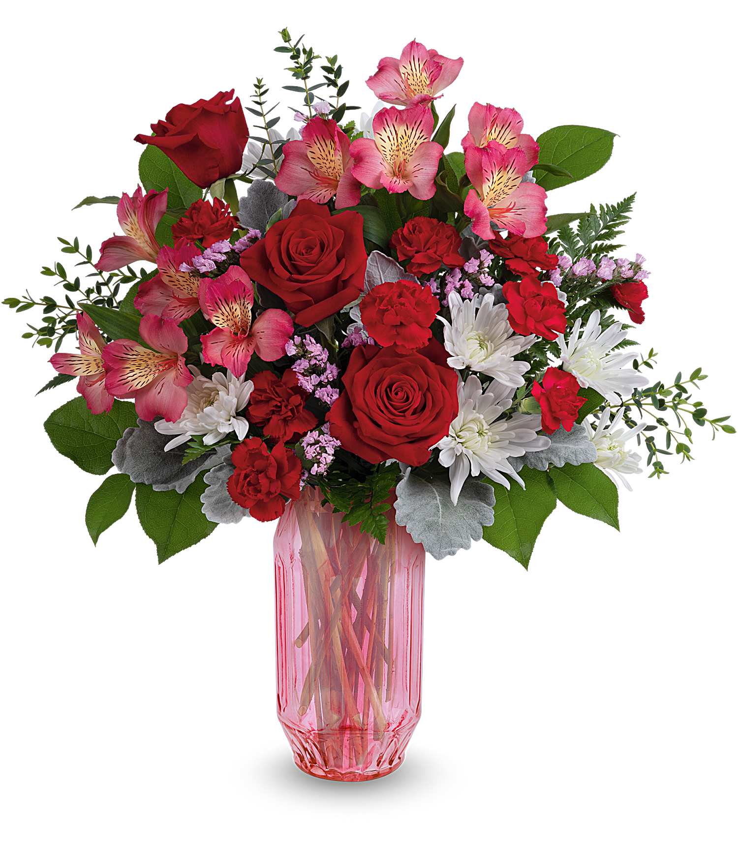 Gorgeous Gem - Celebrate love's radiant hues with Teleflora's Gorgeous Gem Bouquet, a stunning Valentine's Day mix of red and pink blooms in a shimmering faceted pink glass vase that sparkles with modern romance.