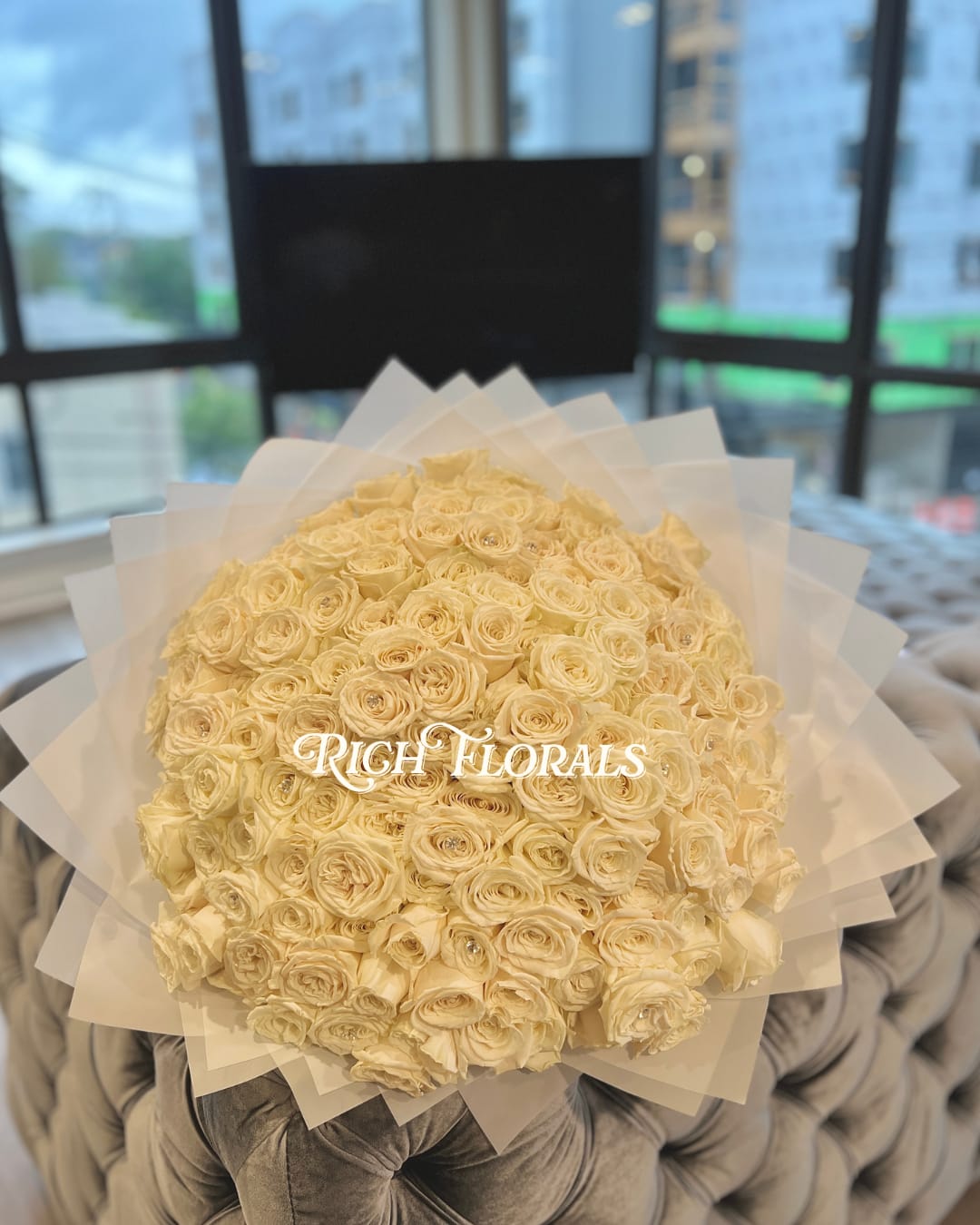 The Biggest Bouquet - Make a grand statement with The Biggest Bouquet! Featuring 150 stunning roses adorned with sparkly rhinestone pins and neatly wrapped with a beautiful bow, this bouquet is perfect for celebrating life's most extraordinary moments.   Note your rose color choice at checkout.