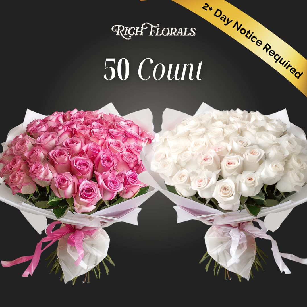 50 Count Rose Bouquet - Our 50-count rose bouquet is perfect for making a statement making any any occasion special. Upgrade to the premium option that includes designer floral paper and designer ribbon.  Be sure to specify your rose color in the checkout notes.  Or upgrade to the premium option that includes designer floral paper and ribbon.