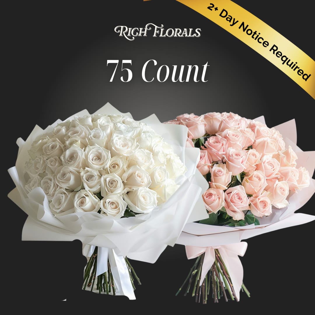 75 Count Rose Bouquet - Our 75-count rose bouquet is perfect for making a statement making any any occasion special. Upgrade to the premium option that includes designer floral paper and designer ribbon.  Be sure to specify your rose color in the checkout notes.