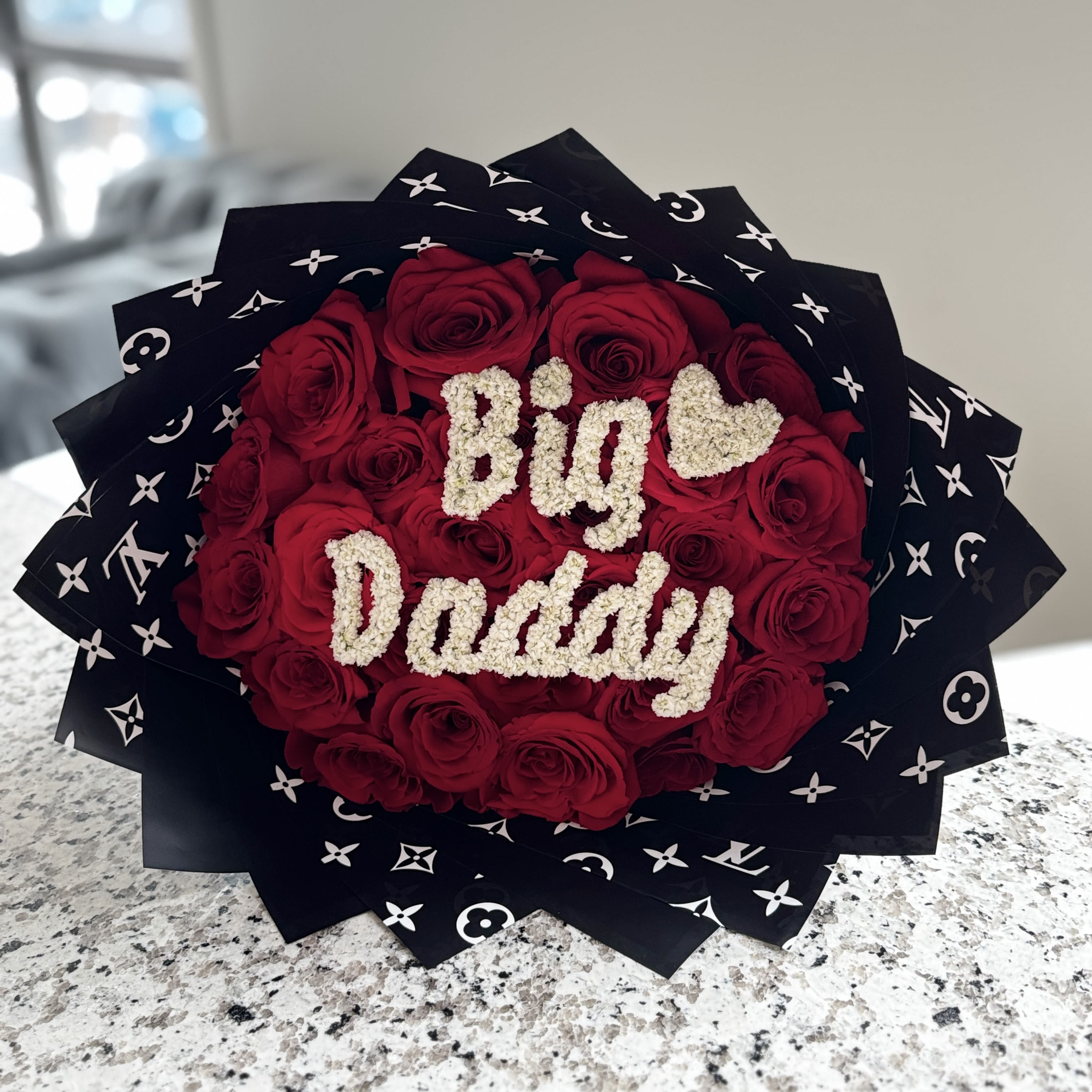 Big Daddy Mens Bouquet - roses with the words Big Daddy written out in baby's breath on top. (25 roses pictured)