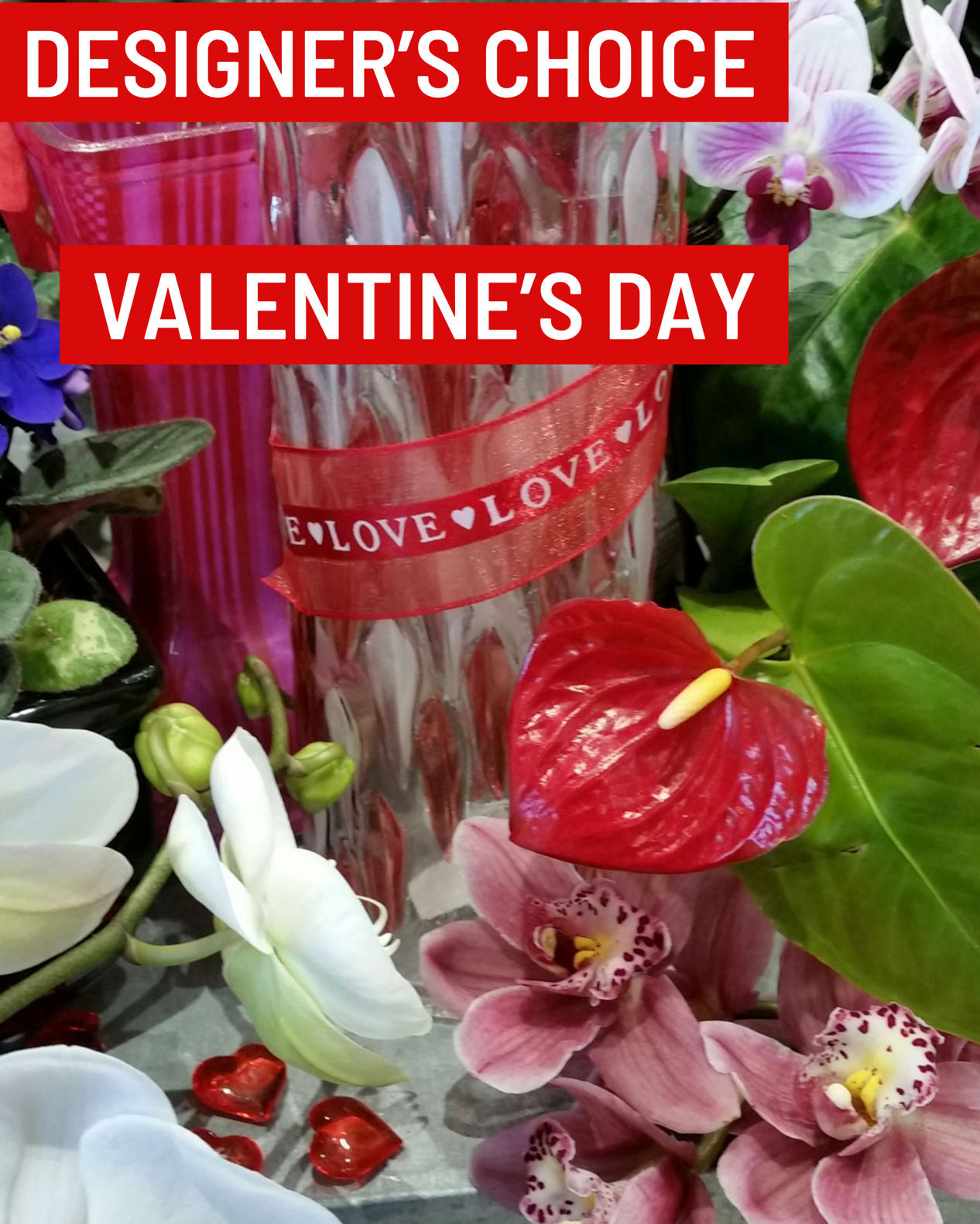 Designer's Choice Valentine's Day 2026 - Vivid Colors - If you are having trouble deciding what to send for Valentine's Day, let the Crimson Petal design experts help you!   The designer's choice option includes a vase full of fresh cut blooms in a Valentine's Day color palette.  Please feel free to leave us flower or color requests if your loved one has a favorite in the 'special instructions' section when ordering and we won't ever disappoint! 