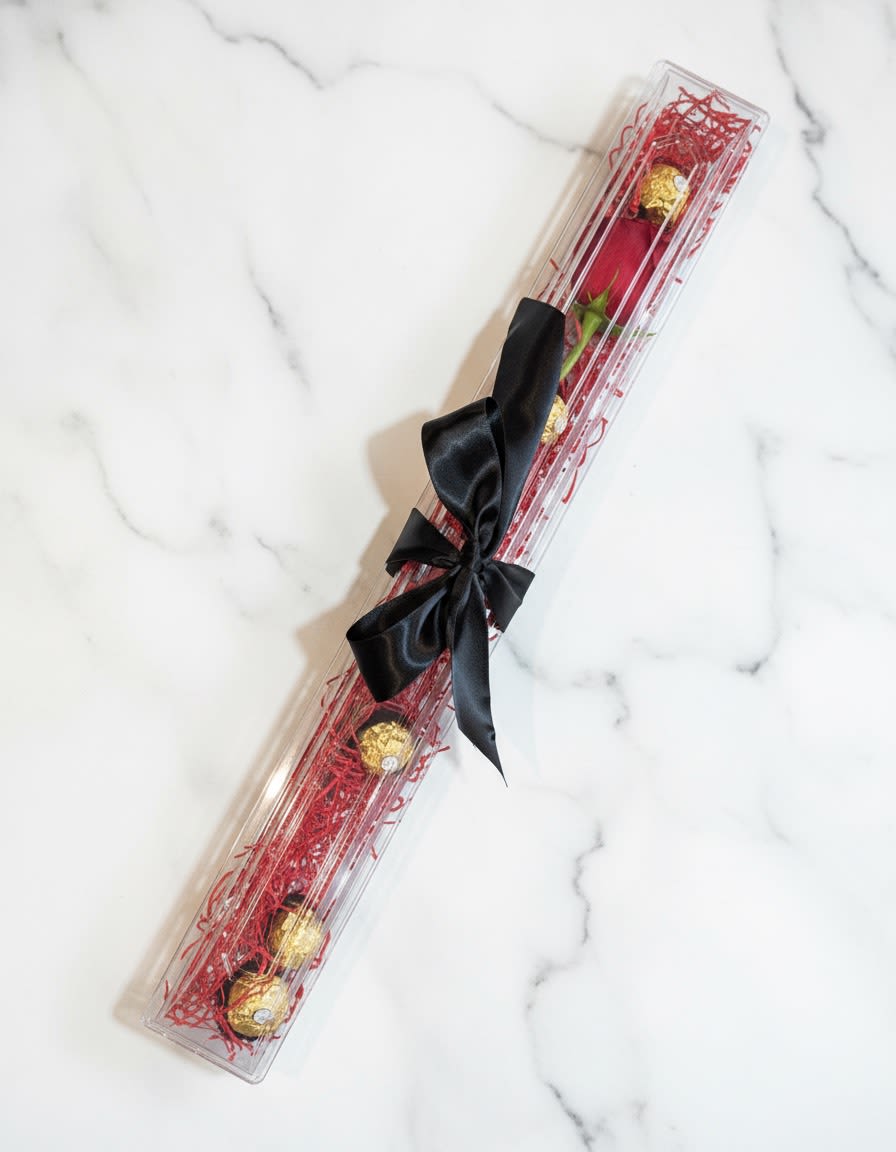 Love in a Box  - Simple. Romantic. Completely intentional. This Valentine’s Day keepsake features a single premium rose, carefully water-tubed for freshness and presented in a clear gift box. Finished with soft gifting paper, a beautiful ribbon, and paired with indulgent Ferrero chocolates, it’s a timeless gesture that speaks volumes without saying a word.  Perfect for Valentine’s Day, Galentine’s, or a sweet “thinking of you” moment, this elegant gift is designed for easy gifting and maximum heart-flutter.  Because sometimes, one rose is all it takes.