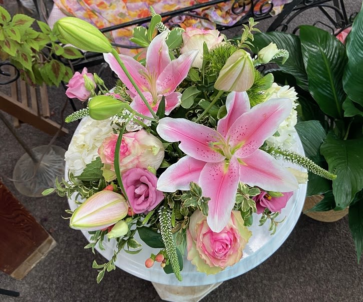  Pink Spring Radiance Cylinder - Fabulous mix of pink, white and green in low cylinder vase.