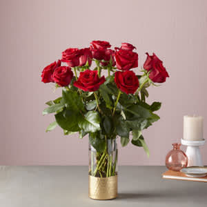 Classic Love Bouquet - Your love is timeless, so is the Classic Love Bouquet. Red roses arranged in a lovely gold-dipped vase are an elegant reminder of your love.