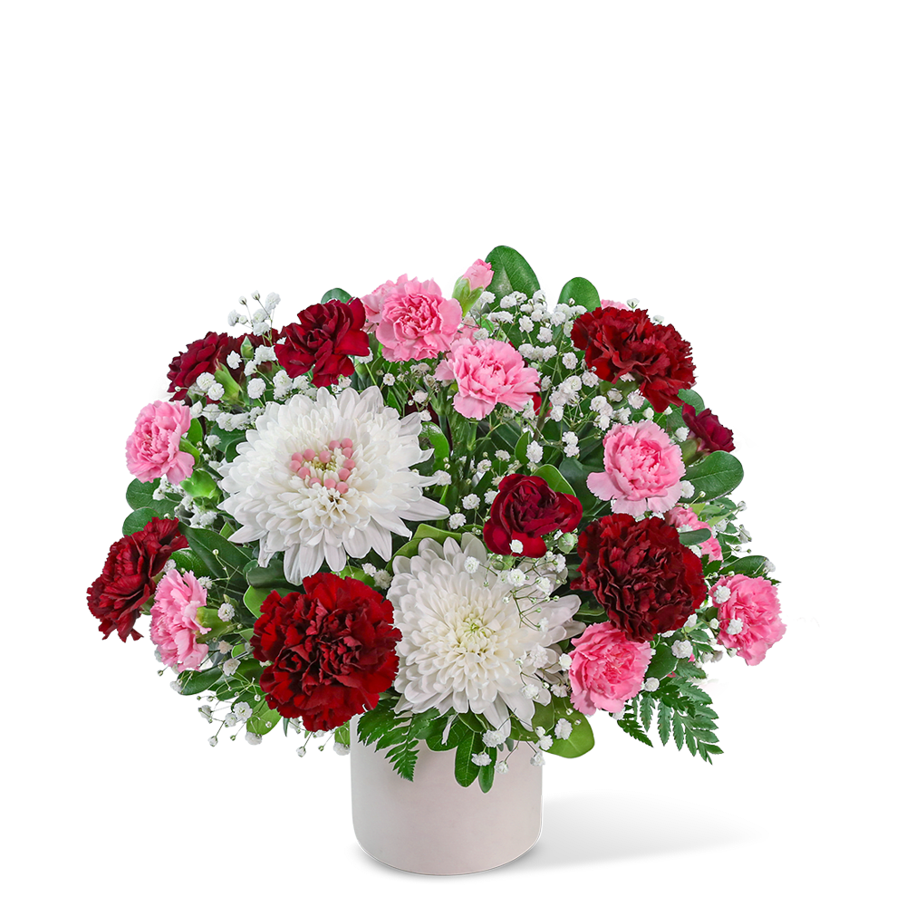 Heartfelt Blooms - Heartfelt Blooms is a romantic floral design featuring Cremons, Carnations, Baby's Breath, and premium foliage. It exudes timeless charm with its dark burgundy, white, and pink tones nestled in a modern white vase. An extra touch of love is shown through a delicate pink heart created with pink pins on one of the floral blooms, making it a romantic gift for Valentine's Day or an anniversary.