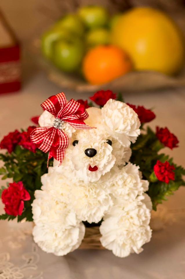 Carnation Puppy - -fresh cut white carnations -arranged in a wooden basket filled with flowers