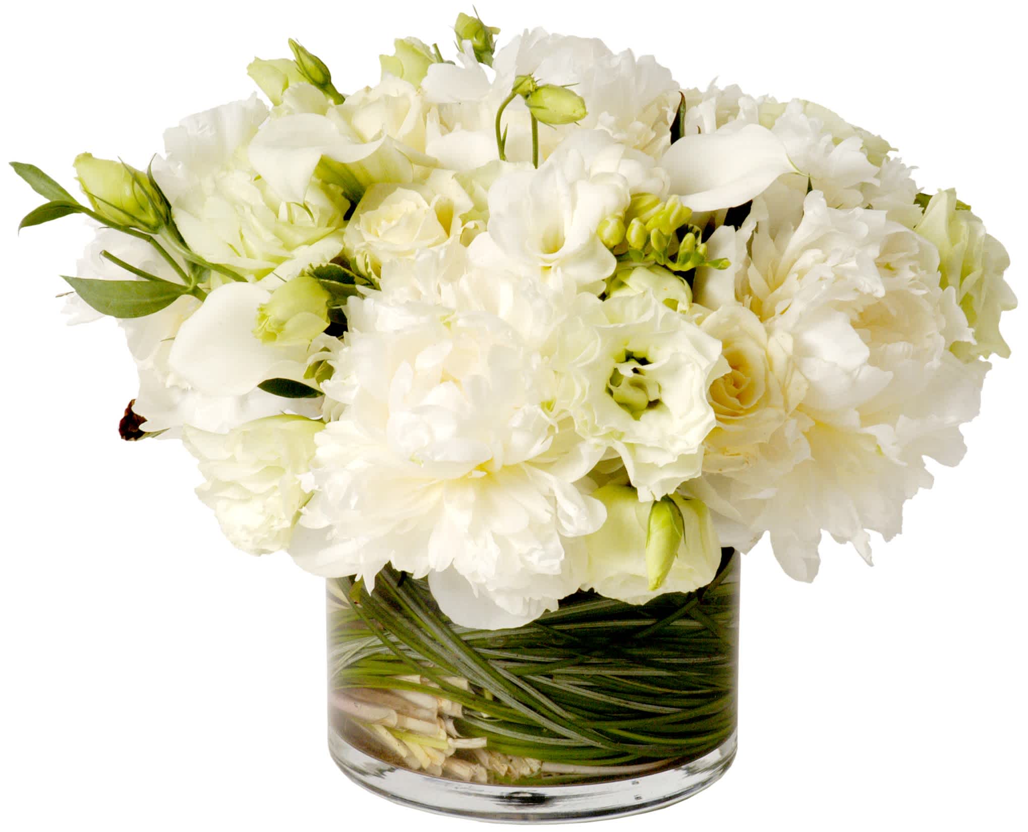 Cloud 9 - Ethereal elegance, with White spray roses, Lisianthus and peonies floating above a bed of bear grass, creating a dreamy, cloud-like arrangement.