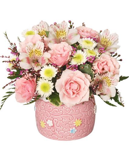 BABY GIRL BLOOMS FLORAL ARRANGEMENT - Pink Ceramic Container, Foliage: Variegated Pittosporum, Leather Leaf, Pink Spray Roses, White Alstroemeria, White Novelty Button Poms, Lavender Waxflowers, Pink Calycinia.