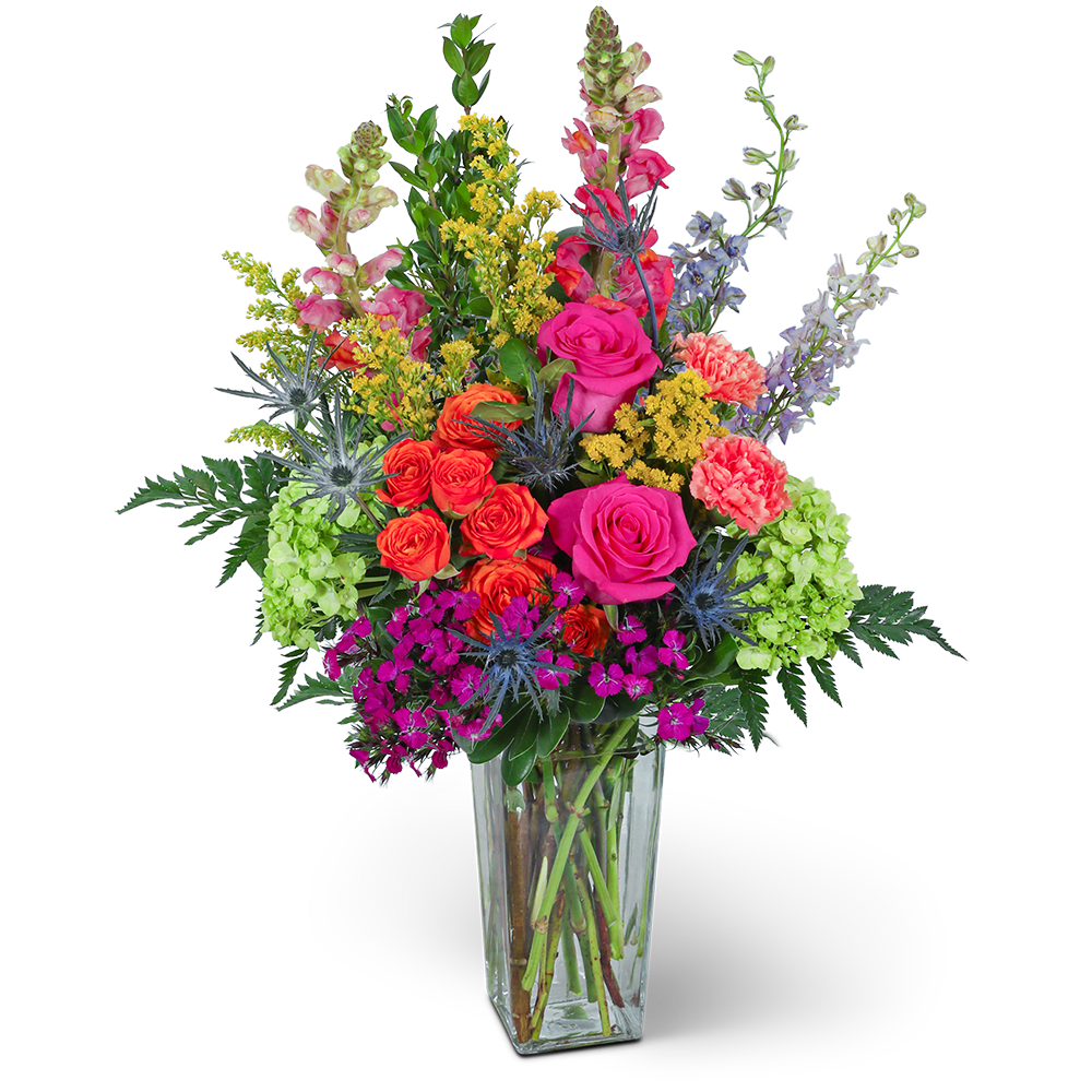 Abundant Meadow - Immerse yourself in the breathtaking beauty of our Abundant Meadow flower design. This captivating arrangement showcases a harmonious blend of roses, hydrangeas, carnations, snapdragons, larkspur, and other premium blooms and foliage, creating a visual tapestry reminiscent of a flourishing meadow. Whether you're celebrating a special occasion or simply want to brighten someone's day, this stunning arrangement is a heartfelt gesture that will evoke joy. With our reliable local flower delivery, you can send a piece of blooming beauty wherever it's needed most.