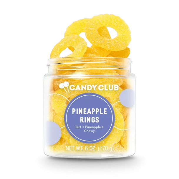 Candy Club Pineapple Rings - Tropical candy refreshment at your fingertips (or on your fingers)! These sweet-tart chewy rings are filled with bright, juicy pineapple flavor to give you that summer feeling all year round!
