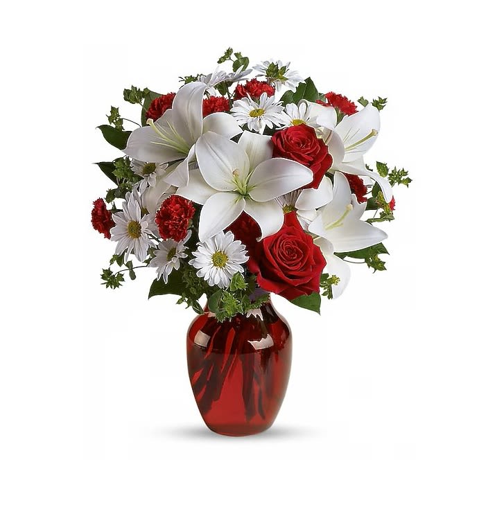 Be My Love - Introducing Be My Love, a romantic floral arrangement of fresh red roses, white lilies, daisies, and red carnations. Bursting with passion and elegance, it’s perfect for expressing love. Order now for flower delivery in Houston, TX and make someone's heart bloom today!