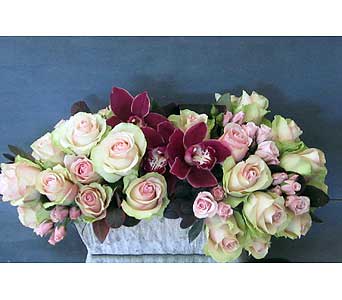 Chocolate Blush  - Green tipped blush roses are elegantly paired with deep cherry chocolate orchids in a rustic metal container.