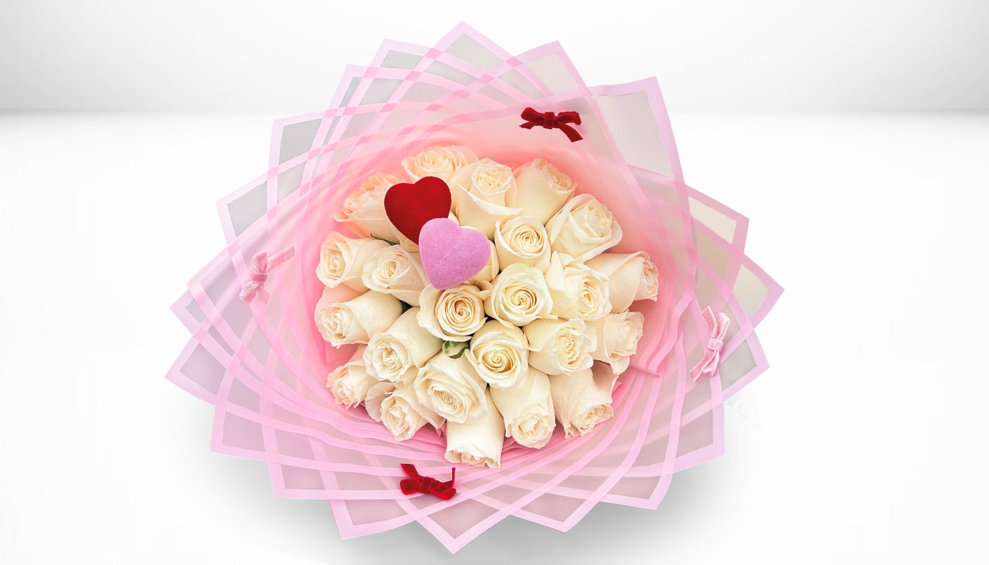 Love In Bloom White bouquet  - 25 Roses Standard Price 5 Roses Deluxe Price 100 Roses Premium Price