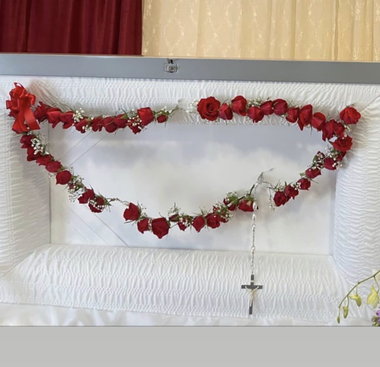 The Last Rosary (red) - 54” rosary made with 50 spray red roses 