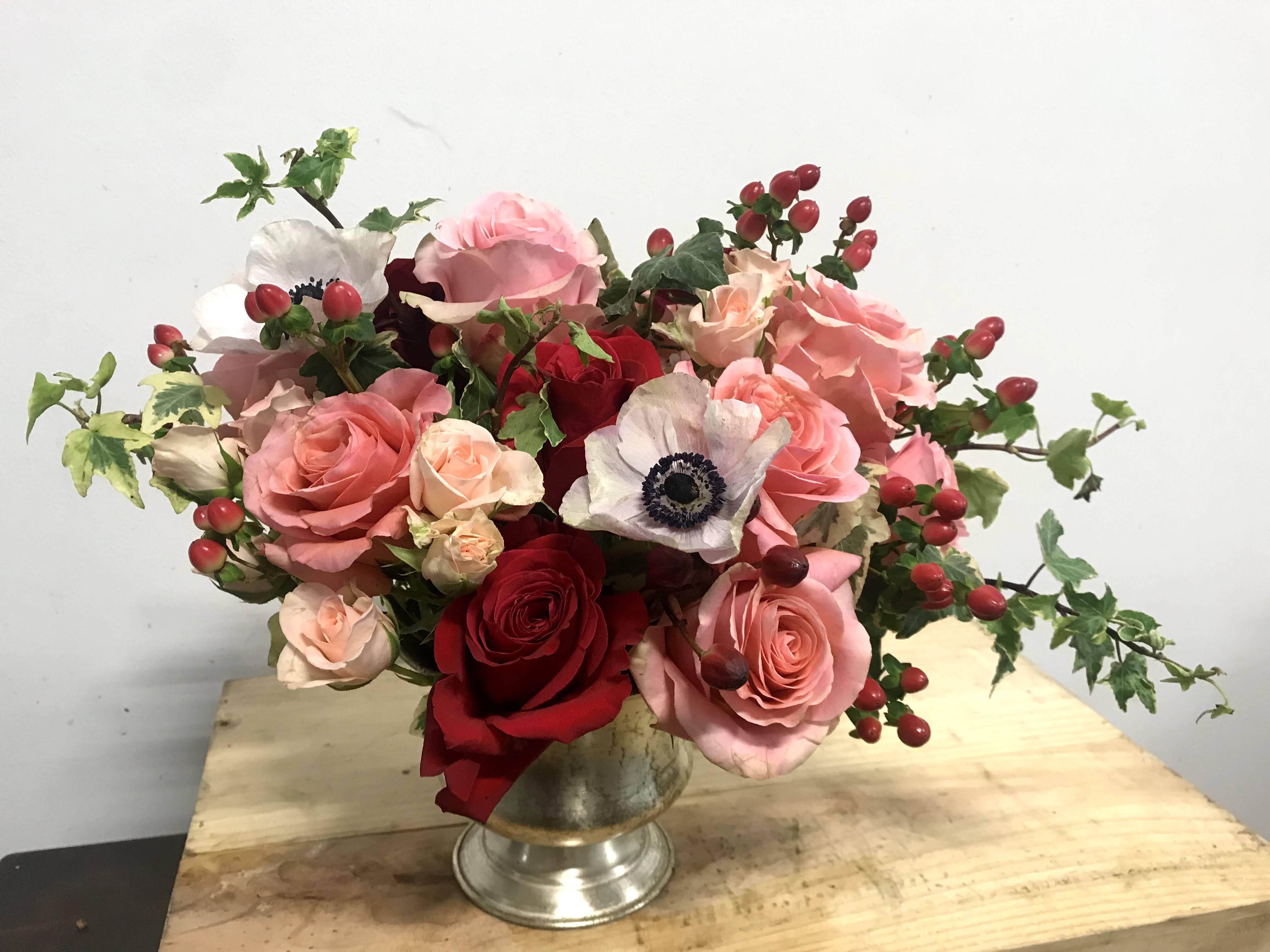 Little Cutie Pie - Fluffy pave of pink and red roses with pops of white and black. The perfect little Valentine bouquet for your crush.
