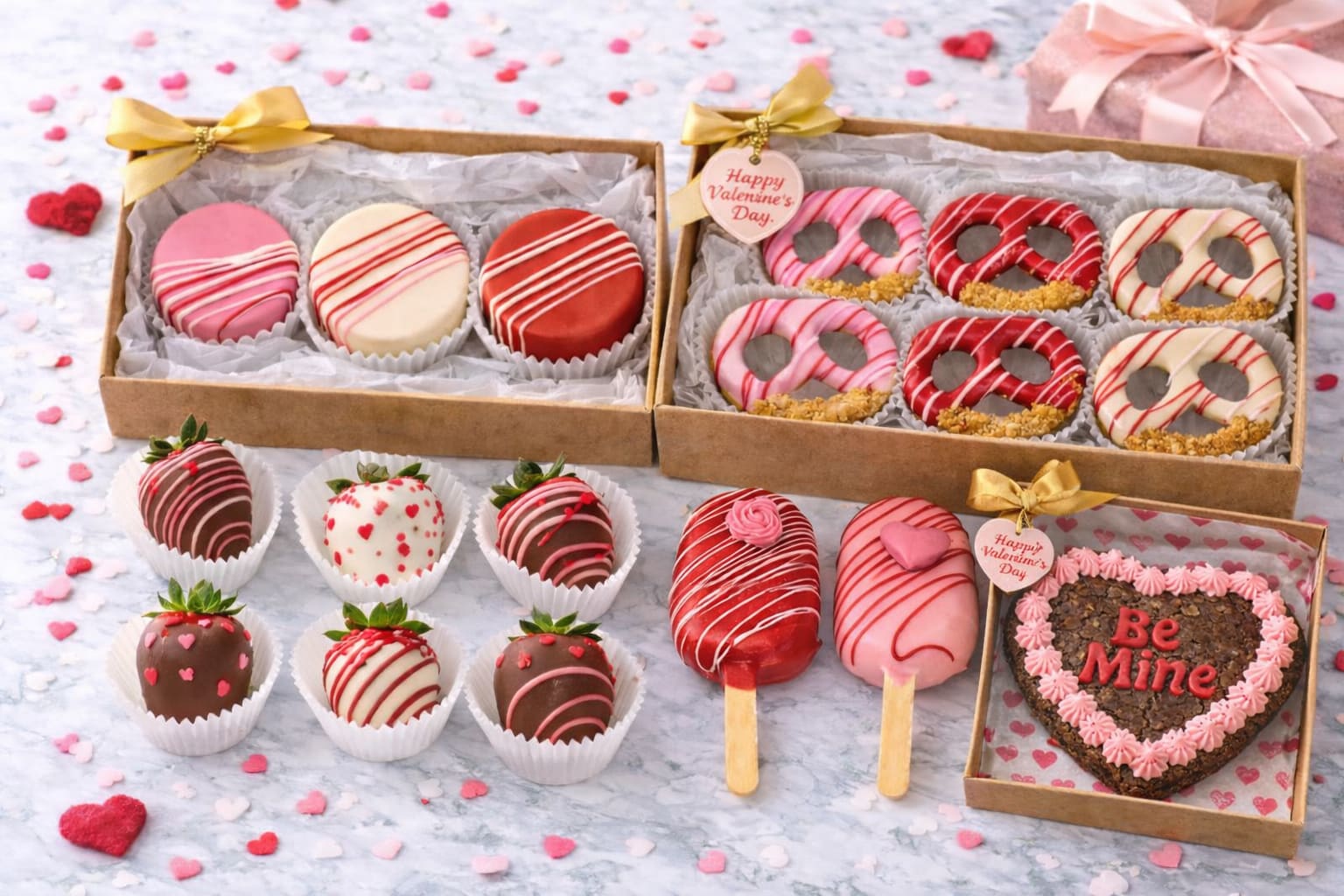 Cupid’s Sweetheart Assortment - A dreamy Valentine’s bundle filled with artisan sweets, featuring chocolate-covered strawberries, cake pops, Oreos, pretzels, and a heart-shaped brownie. Thoughtfully curated and beautifully packaged for the ultimate sweet surprise. ( PRE-ORDER BEFORE FEBRUARY 6TH)  (AVAILABLE FOR DELIVERY FEBRUARY 13TH &amp;14TH)