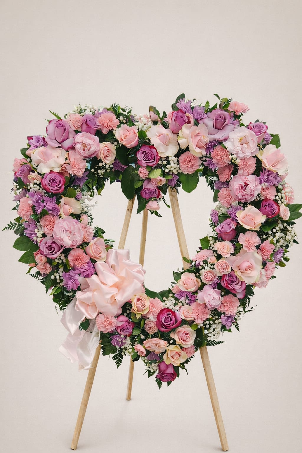 Heartfelt Sympathy - Heartfelt Tribute Floral Wreath  Express love, remembrance, and deep sympathy with this beautifully crafted heart-shaped floral wreath. Designed with an elegant blend of soft pink and lavender roses, carnations, and delicate filler flowers, this arrangement symbolizes everlasting love and cherished memories.  Hand-arranged on a wooden easel and finished with a graceful satin ribbon, this wreath offers a warm and comforting presence during times of loss. Its refined color palette and full, lush design make it a meaningful tribute for memorial services, funerals, or celebrations of life.  Details:  Heart-shaped floral wreath  Premium fresh roses and seasonal blooms  Soft pink and lavender color tones  Displayed on a sturdy wooden easel  Suitable for funeral services, memorials, and sympathy occasions  A timeless expression of love, honor, and remembrance.