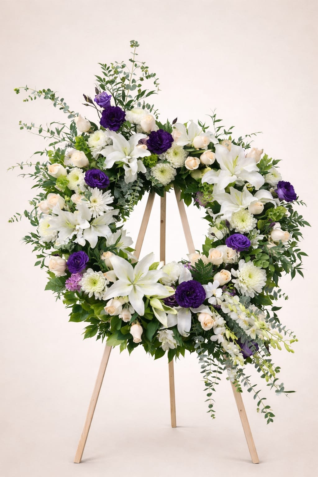 Eternal Peace Heart Wreath - A graceful expression of love, peace, and remembrance, the *Eternal Peace Heart Wreath* is thoughtfully designed to honor a life beautifully lived. This heart-shaped arrangement features elegant white lilies, soft cream roses, and touches of lavender blooms, accented with fresh greenery for a serene and comforting presence.  Handcrafted on a wooden easel, this wreath symbolizes purity, compassion, and everlasting love. Its timeless color palette and full, flowing design make it a meaningful tribute for funeral services, memorials, and celebrations of life.  **Details:**  * Heart-shaped sympathy wreath * Premium white lilies, roses, and lavender accents * Lush seasonal greenery * Displayed on a wooden easel * Ideal for funerals, memorial services, and remembrance ceremonies  A peaceful and dignified way to express heartfelt condolences