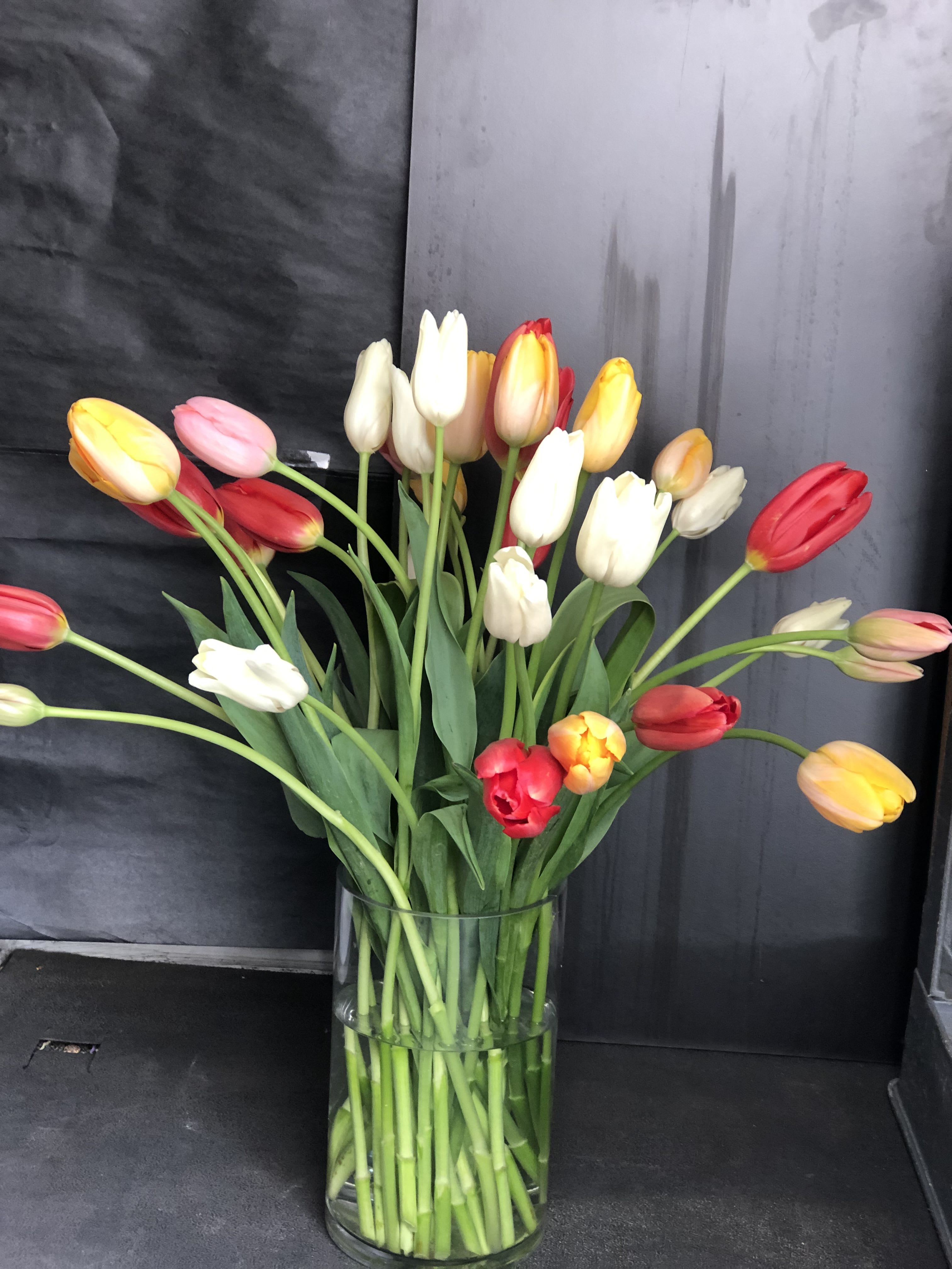 Tall Vase of tulips - A tall vase with beautiful and colorful tulips Starting size provides 20 stems, upgrade for additional stems