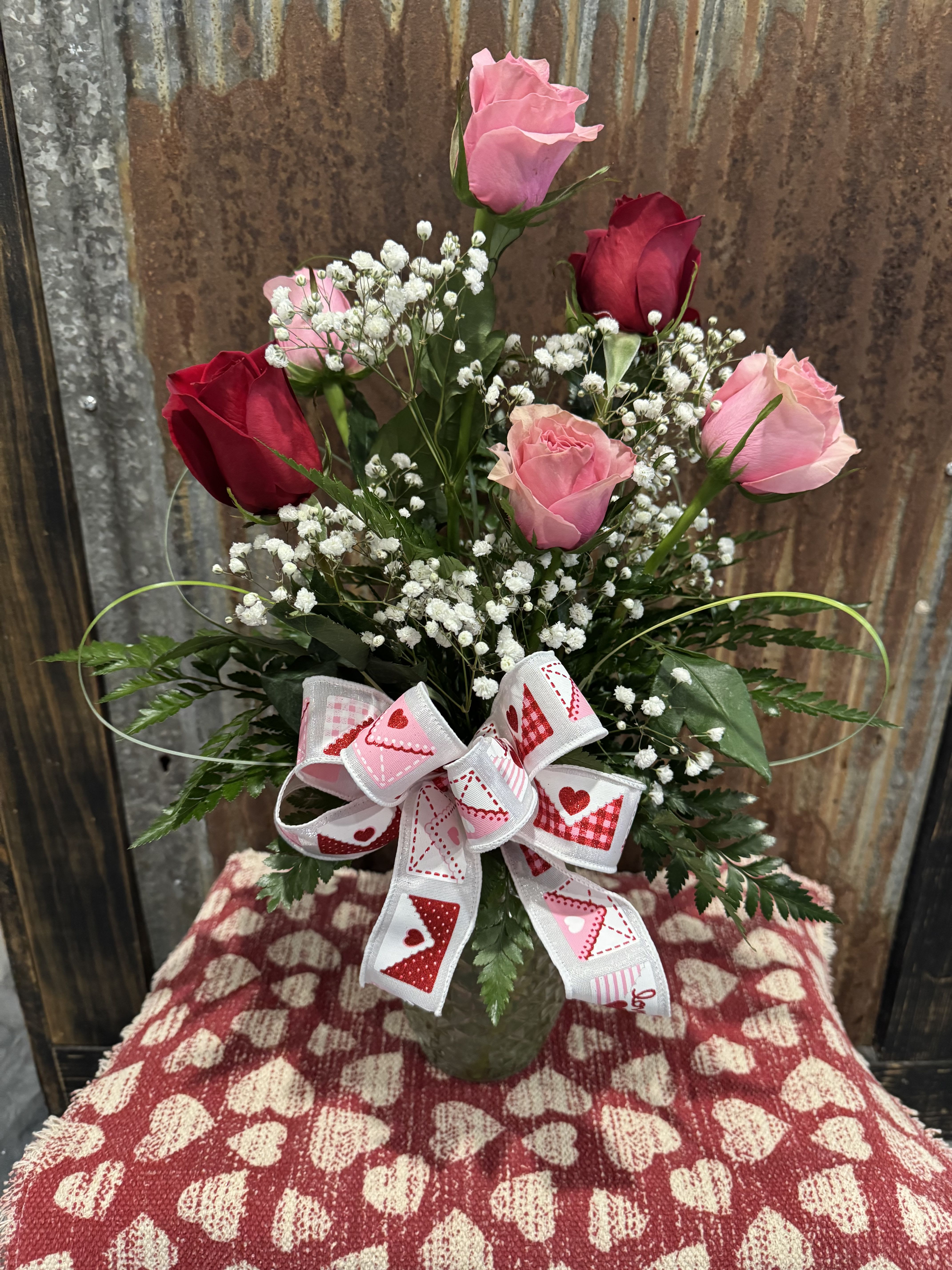 Pink Promise Bouquet - 6 Pink and Red Roses beautifully arranged in a vase