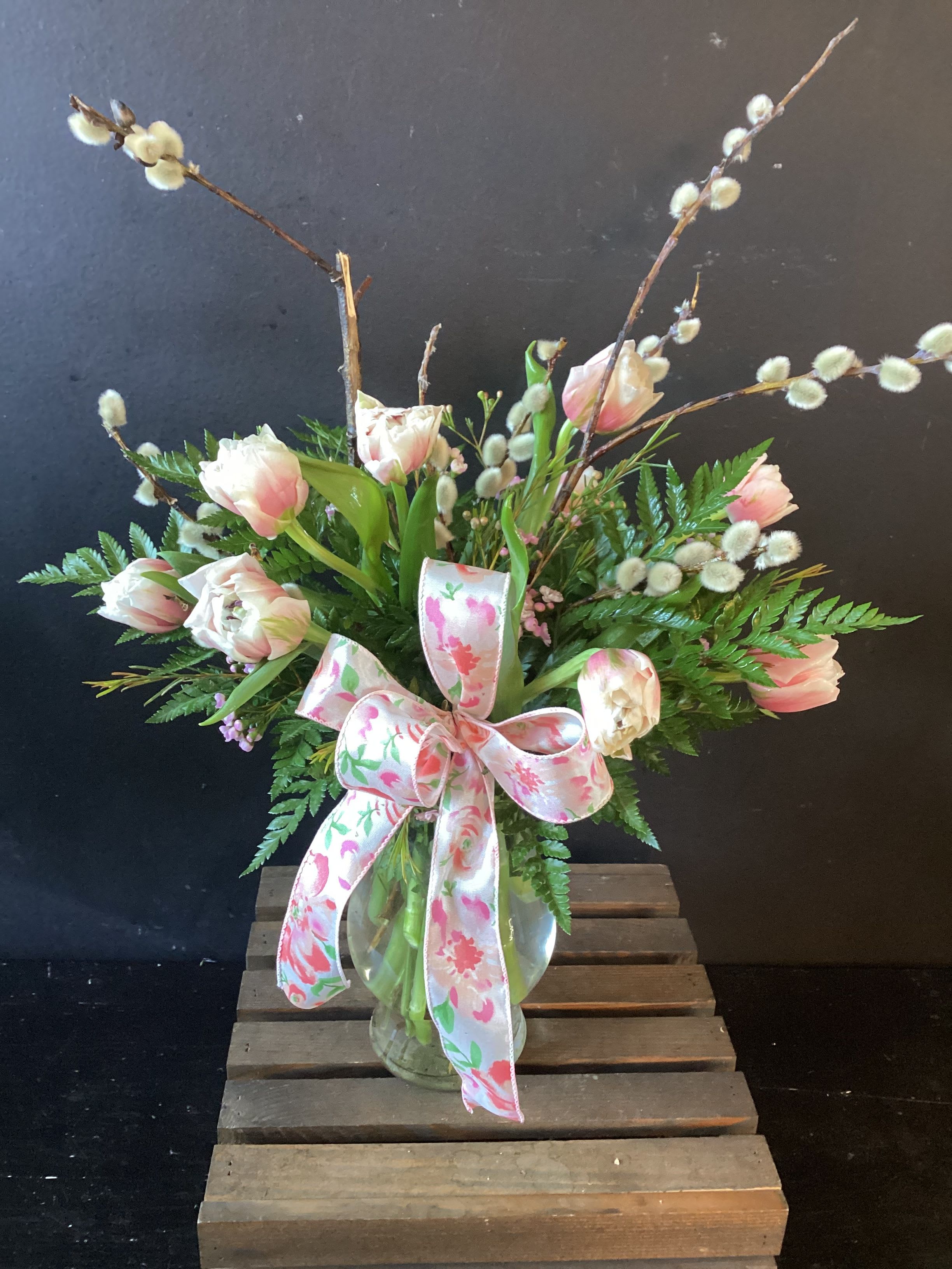 Double Tulip Vase - A vase of 10 DOUBLE Valentine Tulips arranged with lush filler &amp; greens.