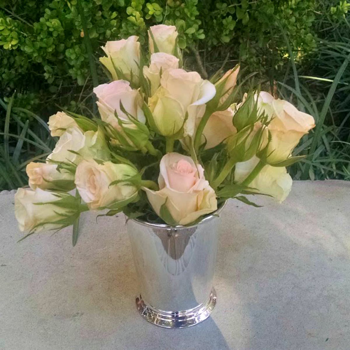 Cream Julep - Another version in our Julep collection is filled with lovely cream and light pink fresh mini roses. The Julep cup is polished silver in color.