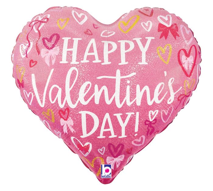 "Happy Valentine's Day!" Pink Heart Mylar Balloon - An 18" pink, heart shaped mylar balloon with a cutesy red, white, and gold bows and hearts design - filled with helium and tied with a curly ribbon. Colors may vary. 