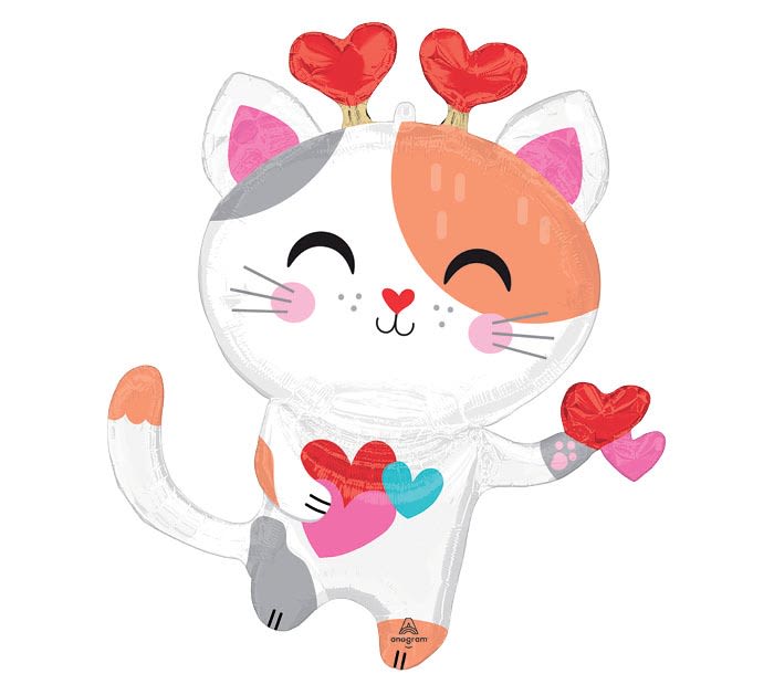 Calico Love Cat Shaped Jumbo Mylar Balloon - A 31" calico cat mylar balloon, holding multicolored hearts. Colors may vary. 