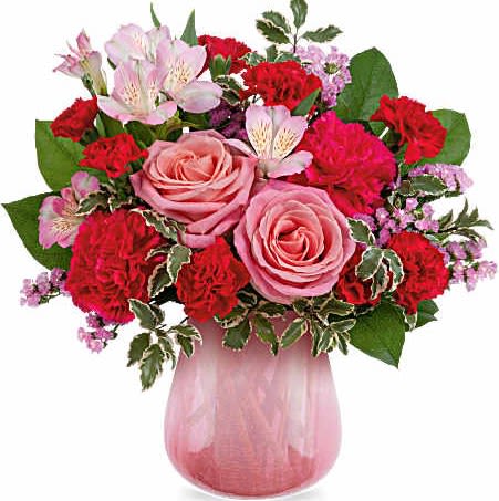 Sweet On Hue Bouquet - Radiating soft sophistication, Teleflora's Pretty In Petal Bouquet blends pink roses, alstroemeria, and carnations in a translucent crackled glass vase with a pink gradient-a chic and heartfelt Valentine's Day gift for your one and only.