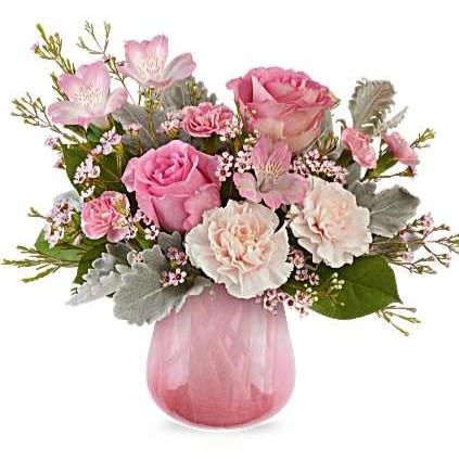 Darling Bloom Bouquet - Sweet as can be, Teleflora's Darling Bloom Bouquet captures the soft side of love with pink roses, carnations, and alstroemeria arranged in a translucent crackled glass vase that fades into a lovely pink gradient-perfect for Valentine's Day.