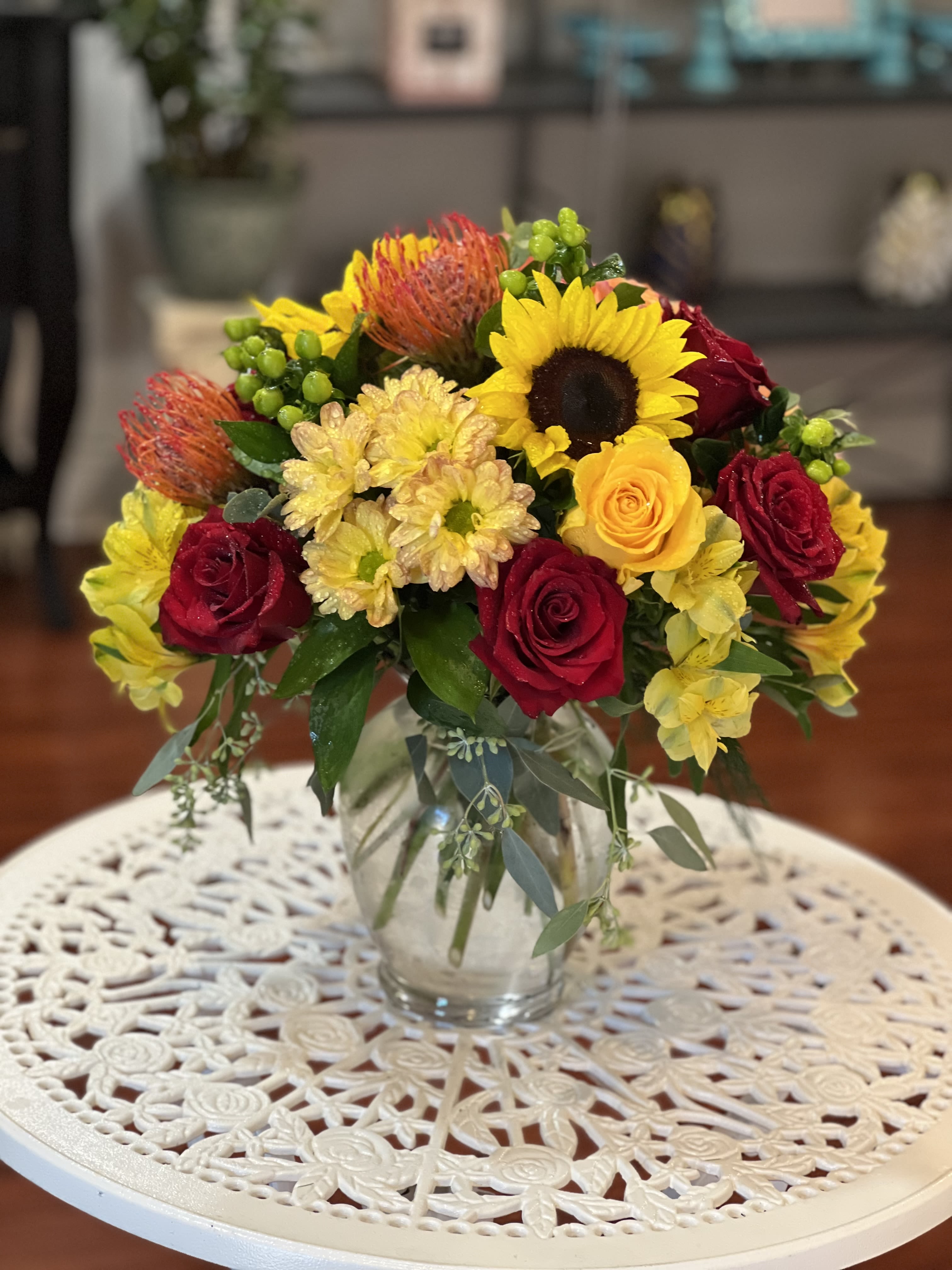 Fall Spice  - With roses and daises, this arrangement encapsulates the seasons best colors!