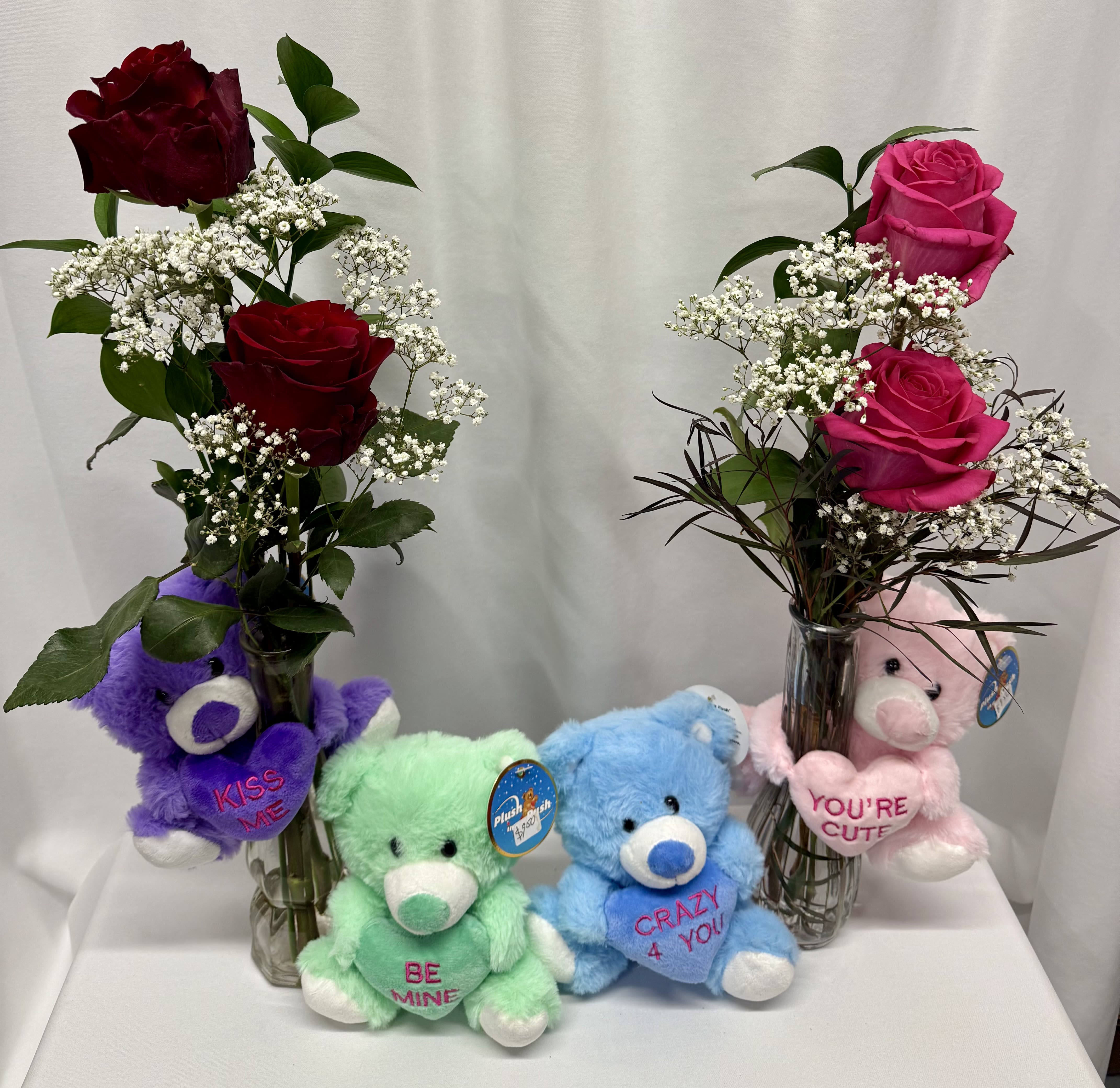 Conversation bear and roses -  Cute conversation bear hugging a vase of roses the perfect gift for your valentine.  limited supply! Colors vary If you would like a specific color, please put this in the special instruction box