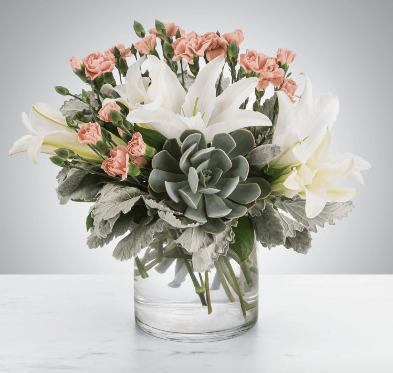 Poise - A lovely succulent arrangement featuring blush and white flowers, Poise by Bliss Flowers™ makes a great gift for almost any occasion like Best Friends Day or Sister's Day. 