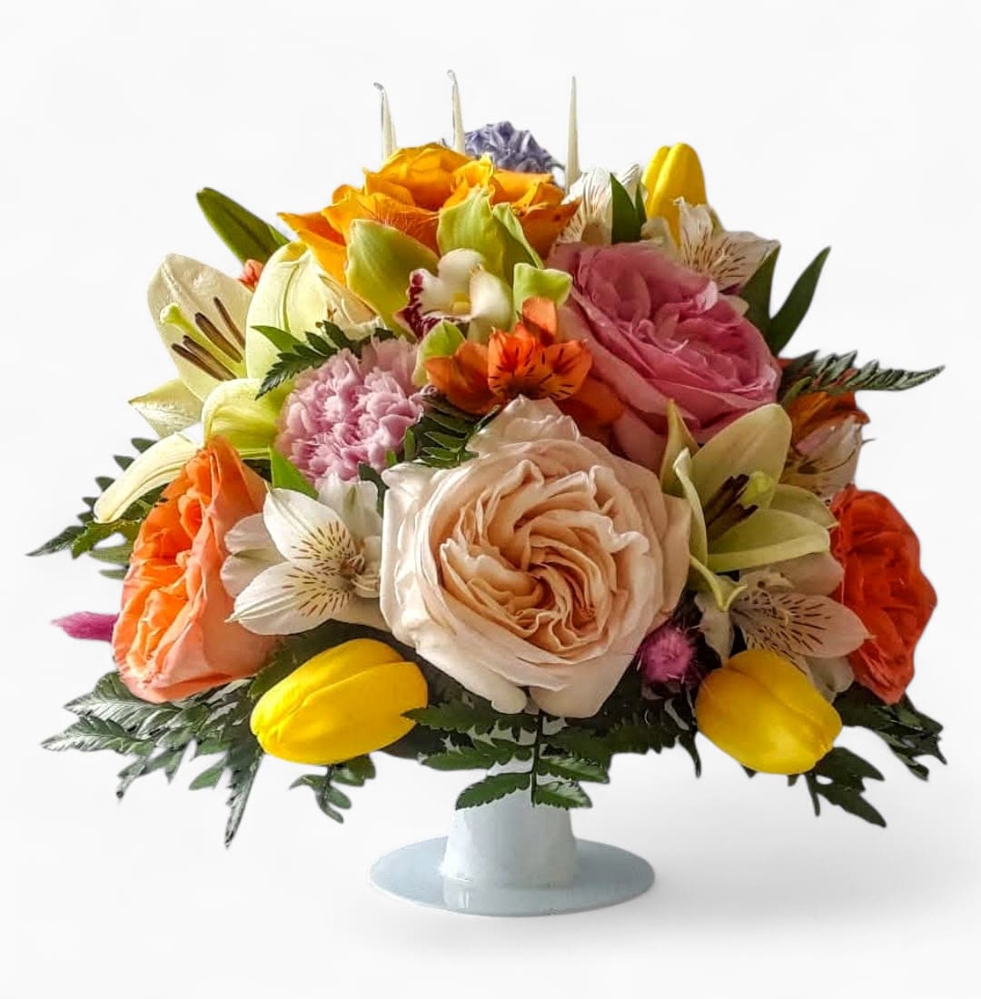 Happy Birthday Cake Bouquet Designer's Choice - Send this beautiful cake of flowers to show them how much you care. Beautiful mixed blossoms of the day.