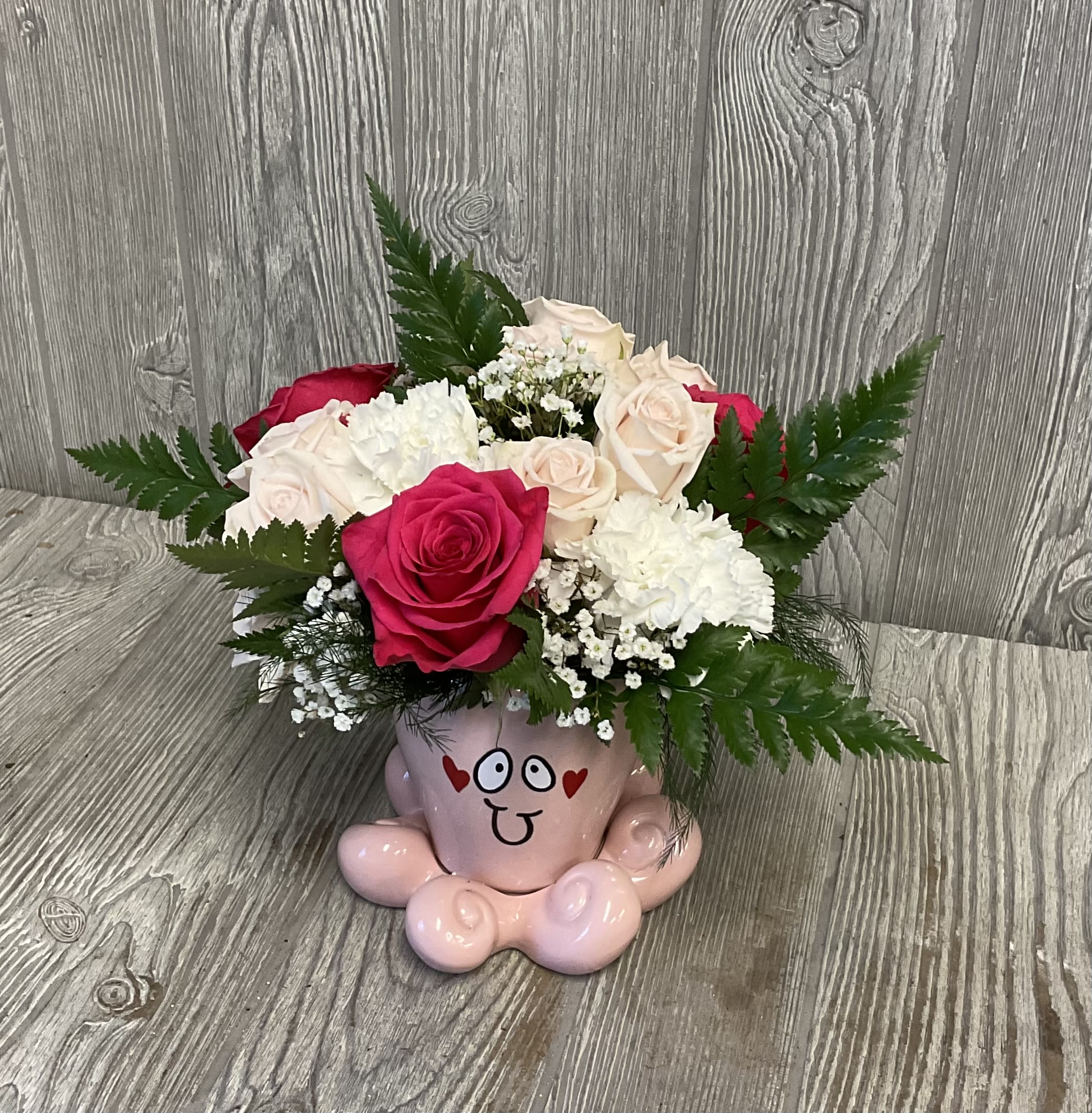 I Love You With All My Arms - A cute Valentine’s arrangement in a keepsake ceramic octopus vase. Colors and flowers may vary. 